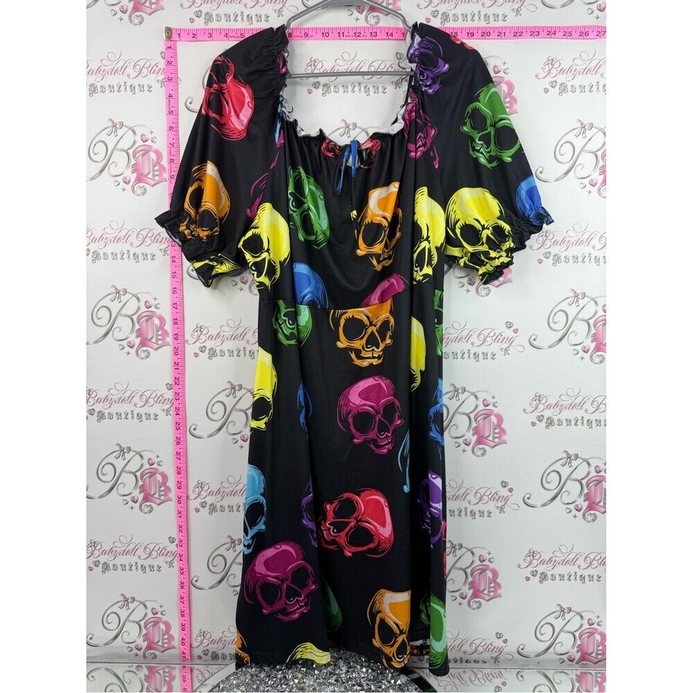 Skull dress milkmaid rainbow Midi Dress with Multicolor Skull Print - Black